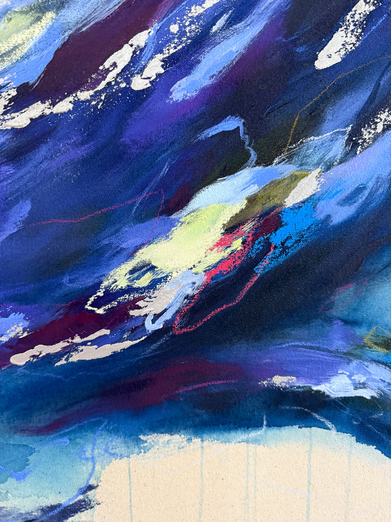 Abstract painting with expressive brushstrokes in deep blue, purple, navy, cream, and small accents of red and yellow.