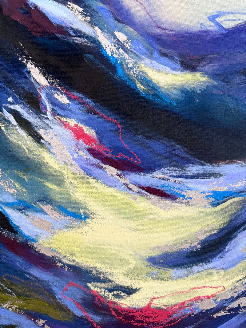 Abstract painting with dynamic, fluid brushstrokes in deep blue, navy, black, pale yellow, and bright red accents.