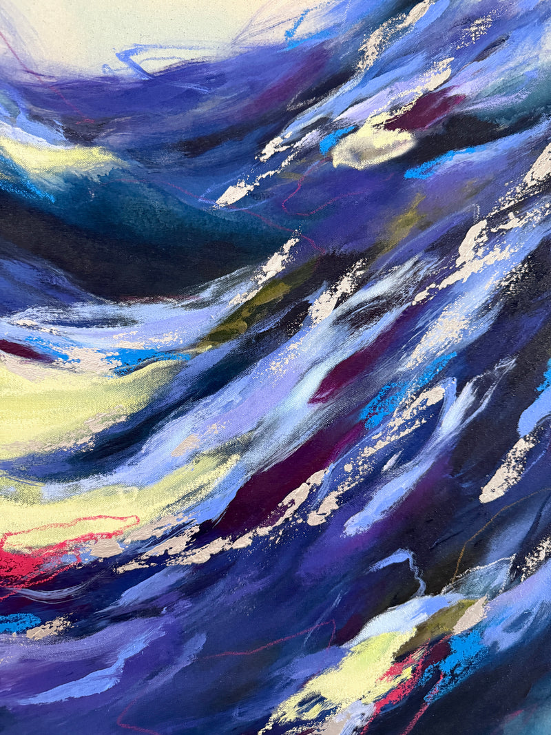 Abstract painting with dynamic diagonal brushstrokes in deep blue, purple, white, and touches of yellow, red, and black.