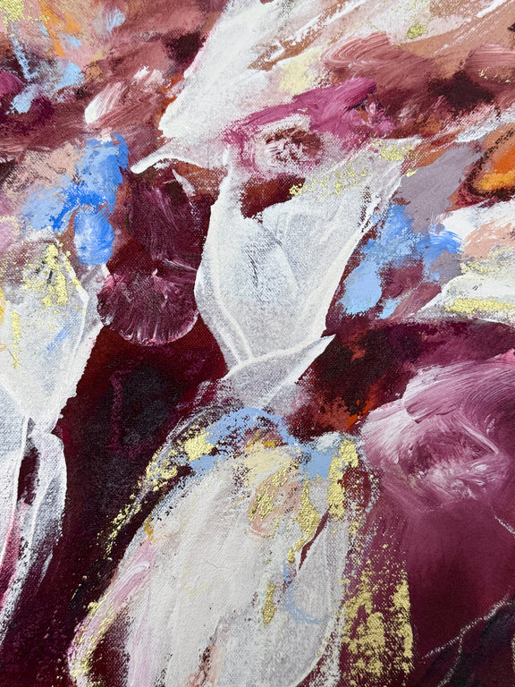 Abstract painting with expressive brushstrokes in white, deep burgundy, plum purple, dusty pink, blue, and metallic gold.