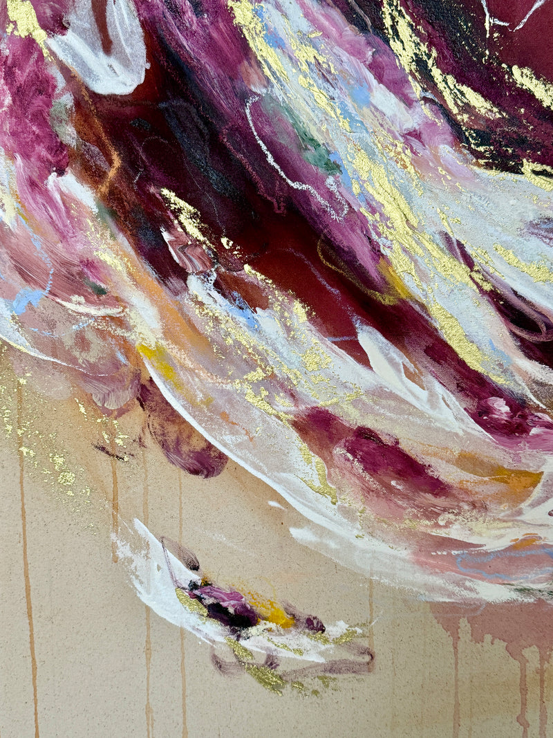 Abstract painting with sweeping brushstrokes in deep burgundy, magenta, white, and metallic gold on a beige canvas background.
