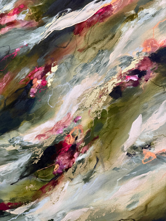 Abstract painting with expressive brushstrokes in olive green, cream, gray, black, and magenta-pink tones.