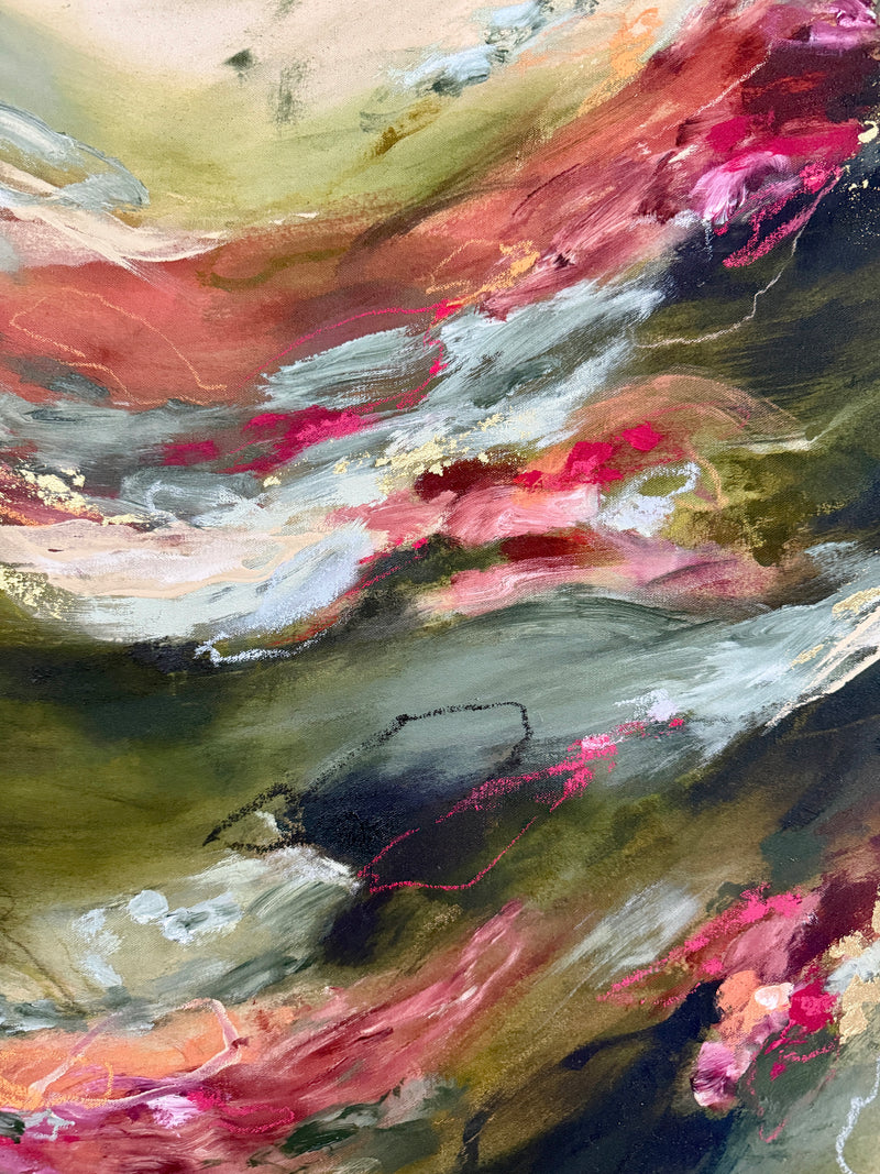Abstract painting with layered brushstrokes in olive green, dusty pink, charcoal gray, cream, and touches of metallic gold.