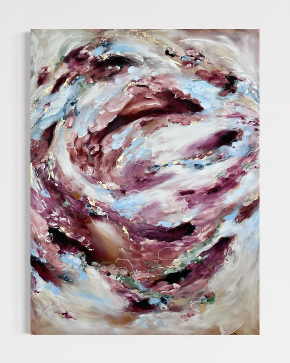 An original large-scale abstract painting on raw canvas featuring sweeping layers of blush pink, burgundy, soft blue, ivory, and warm neutrals with delicate gold accents. Expressive botanical-inspired forms spiral across the surface, creating a sense of movement, softness, and emotional depth. The composition balances airy negative space with richly textured brushwork, inviting contemplation and multiple interpretations.