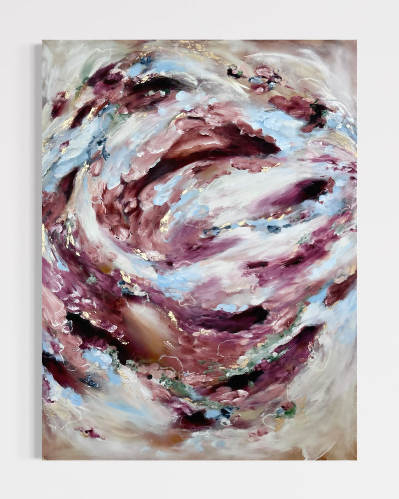 An original large-scale abstract painting on raw canvas featuring sweeping layers of blush pink, burgundy, soft blue, ivory, and warm neutrals with delicate gold accents. Expressive botanical-inspired forms spiral across the surface, creating a sense of movement, softness, and emotional depth. The composition balances airy negative space with richly textured brushwork, inviting contemplation and multiple interpretations.