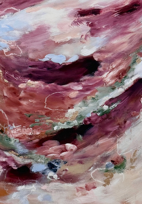 Abstract painting with expressive brushstrokes in dusty pink, mauve, burgundy, cream, and muted green, filling the frame.
