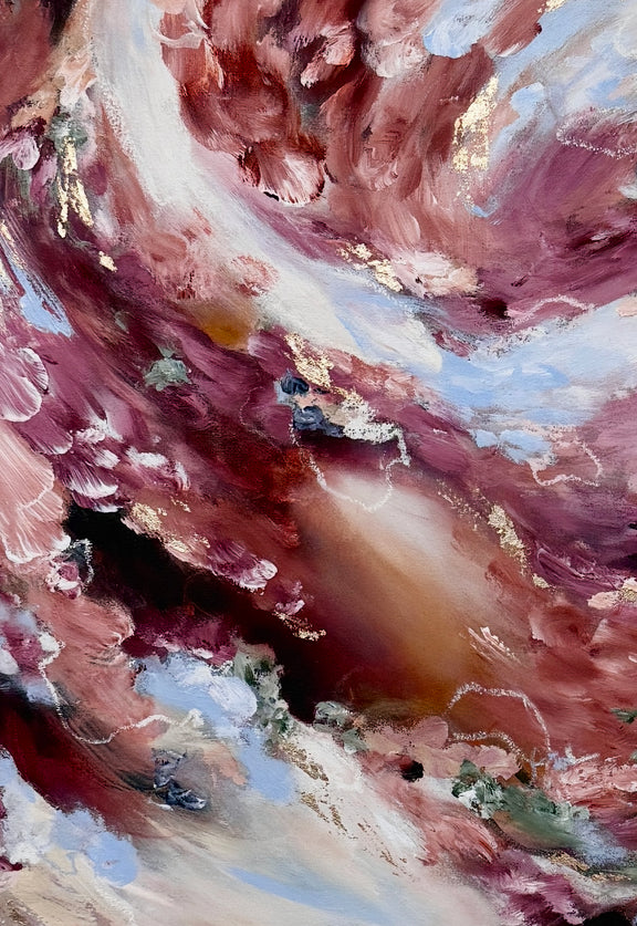 Abstract painting with swirling brushstrokes in dusty pink, burgundy, cream, light blue, and touches of gold and olive green.